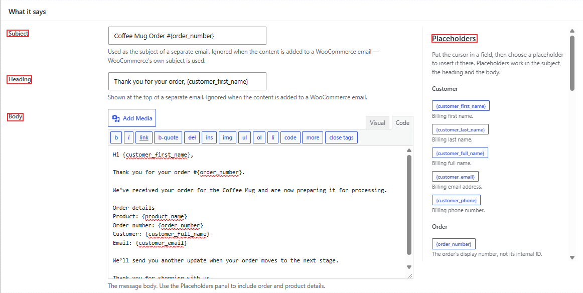 Personalise content with order data Email subject, heading and content fields beside the placeholder reference