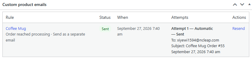 Review delivery history Custom product emails panel on a WooCommerce order screen