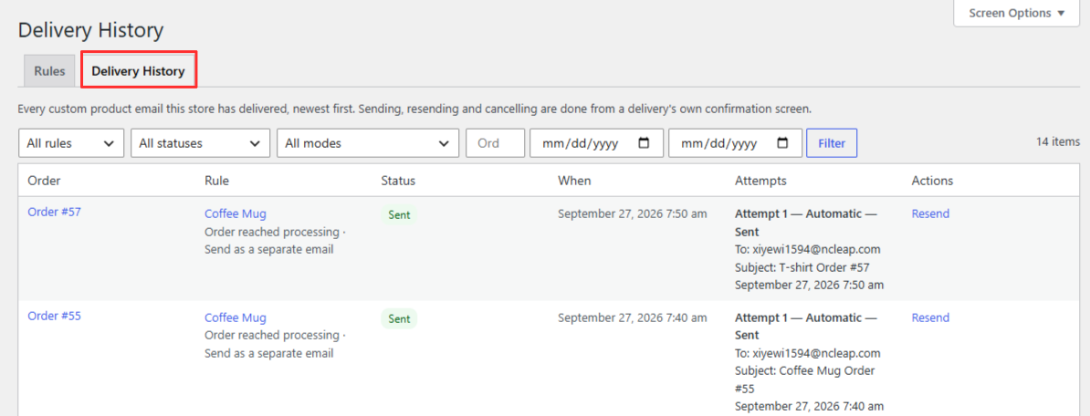 Review delivery history Product email delivery history with rule, order, status and outcomes
