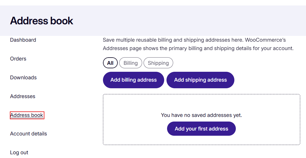WooCommerce checkout showing the option to save a new billing or shipping address
