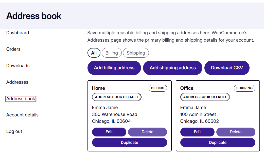 WooCommerce Address Book showing saved billing and shipping address cards in My Account