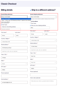 WooCommerce Classic Checkout with saved billing address selector