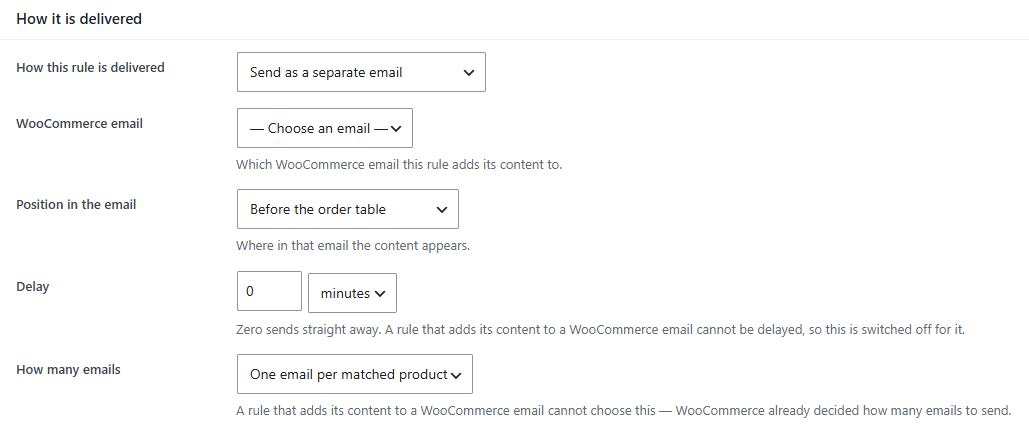 Send one message per order or per product Delivery mode, delay and email grouping options in the rule editor