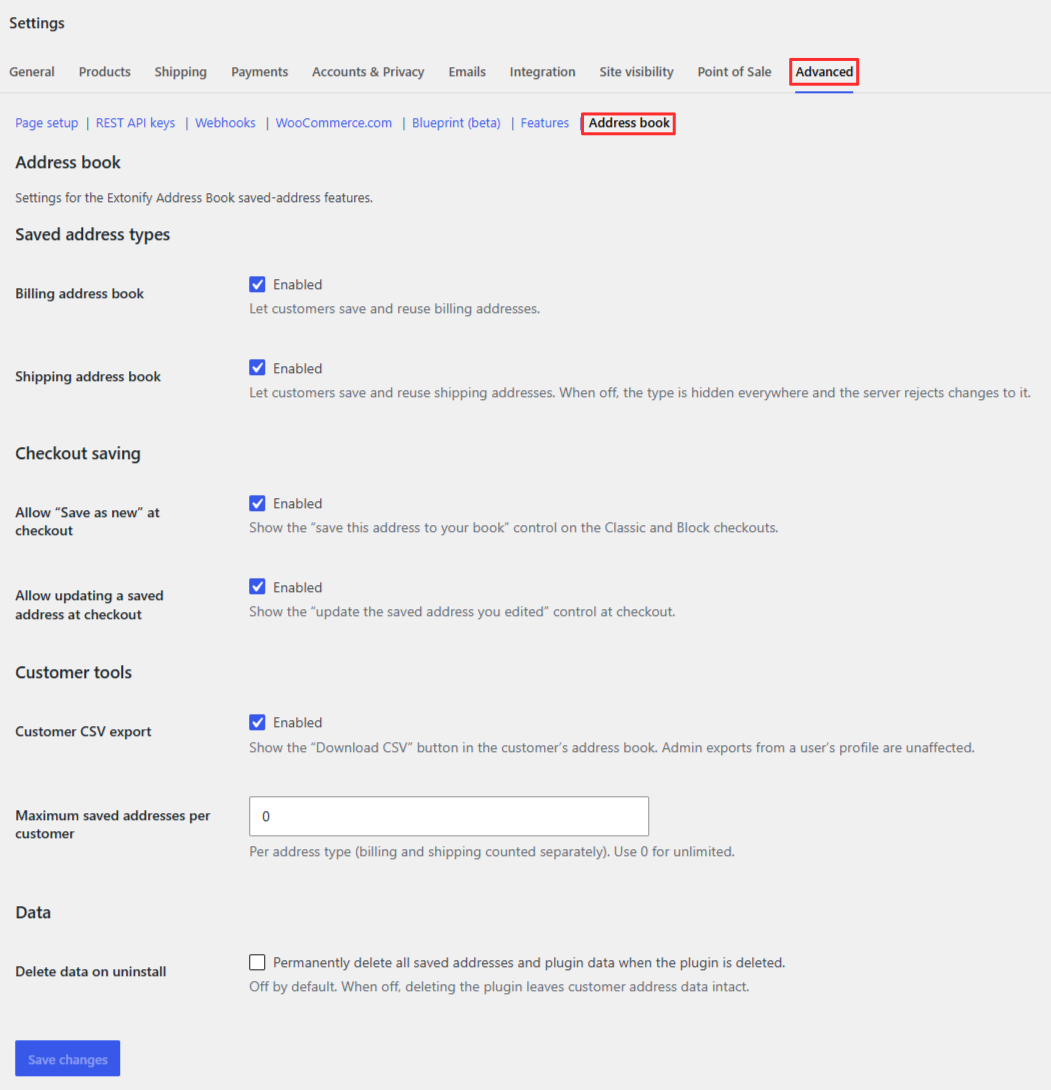 Extonify Address Book settings for billing shipping checkout saving CSV export and address limits